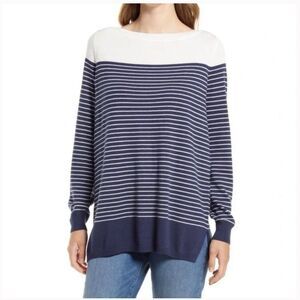 Caslon Colorblock Stripe Pullover Sweater In Navy And Cream Stripe Size L